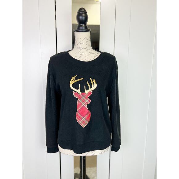 No Boundaries Black Fleece Reindeer Holiday Christmas Sweatshirt Size Medium - Picture 2 of 9
